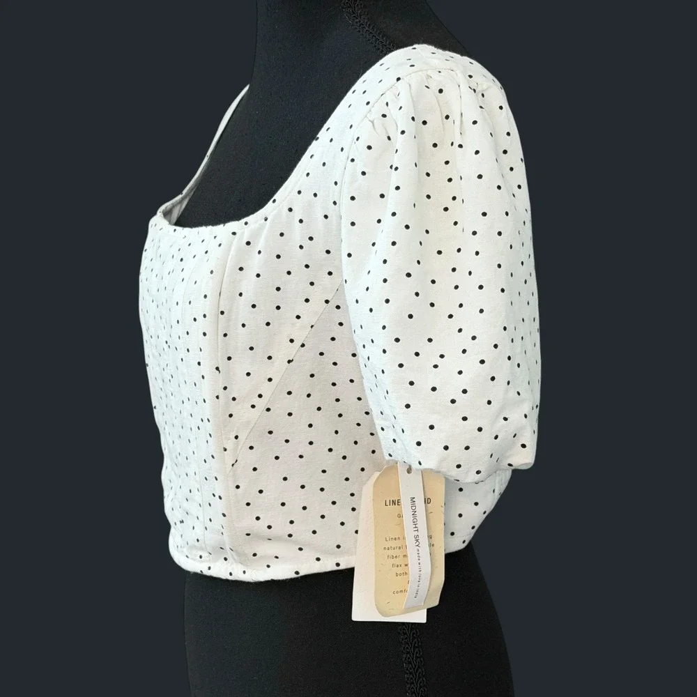 Midnight Sky Polka Dot Crop Top Womens Small Puff Sleeve Linen Coquette Milkmaid - Picture 2 of 7